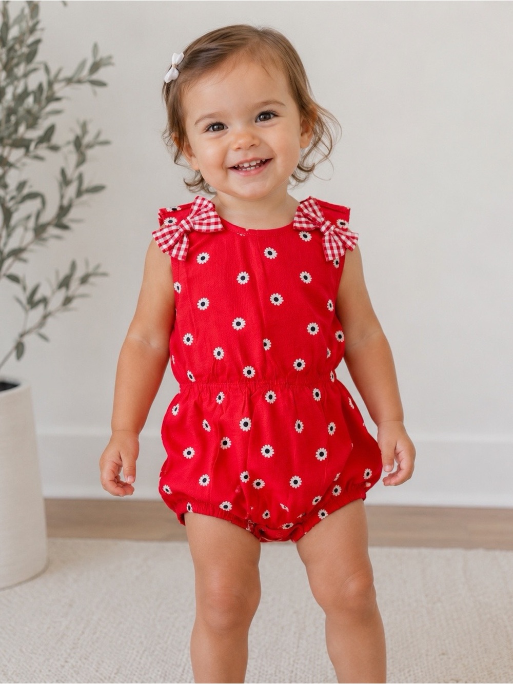 New First Impressions Girls Red Floral Romper One-Piece Sleeveless Bow Size 24M